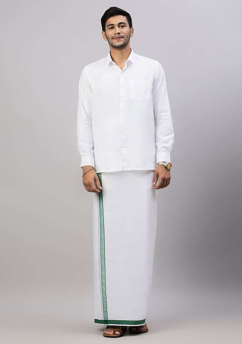 White Solid Formal Cotton Blend Shirt With Dhoti For Men - Indya