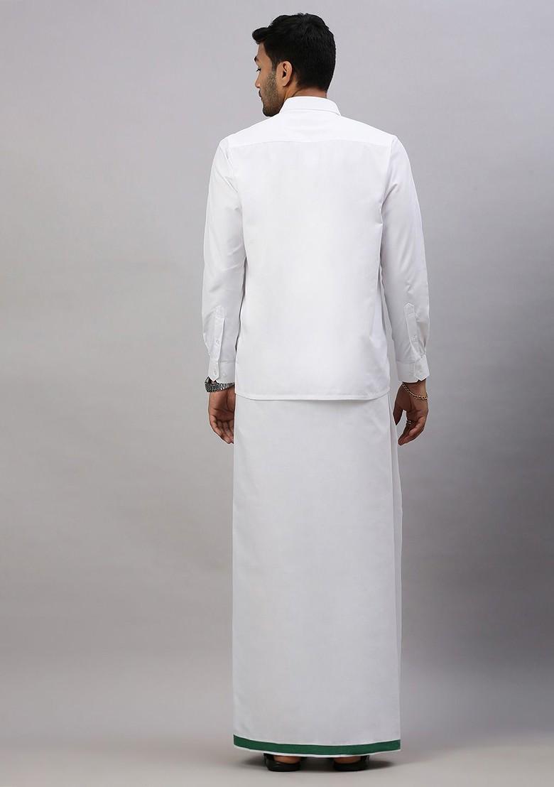 White Solid Formal Cotton Blend Shirt With Dhoti For Men - Indya