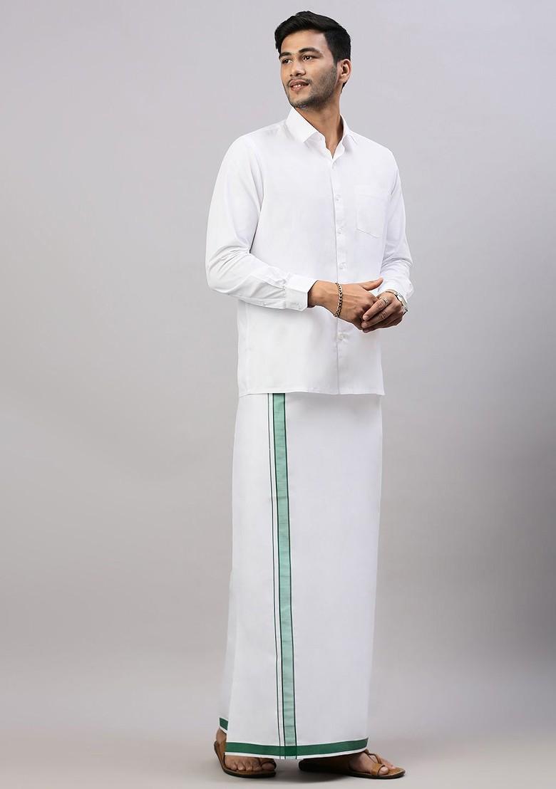 White Solid Formal Cotton Blend Shirt With Dhoti For Men - Indya