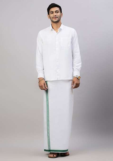 White Solid Formal Cotton Blend Shirt With Dhoti For Men