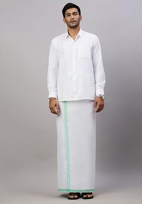 White Solid Formal Cotton Blend Shirt With Dhoti For Men