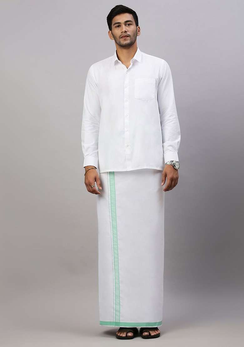 White Solid Formal Cotton Blend Shirt With Dhoti For Men - Indya