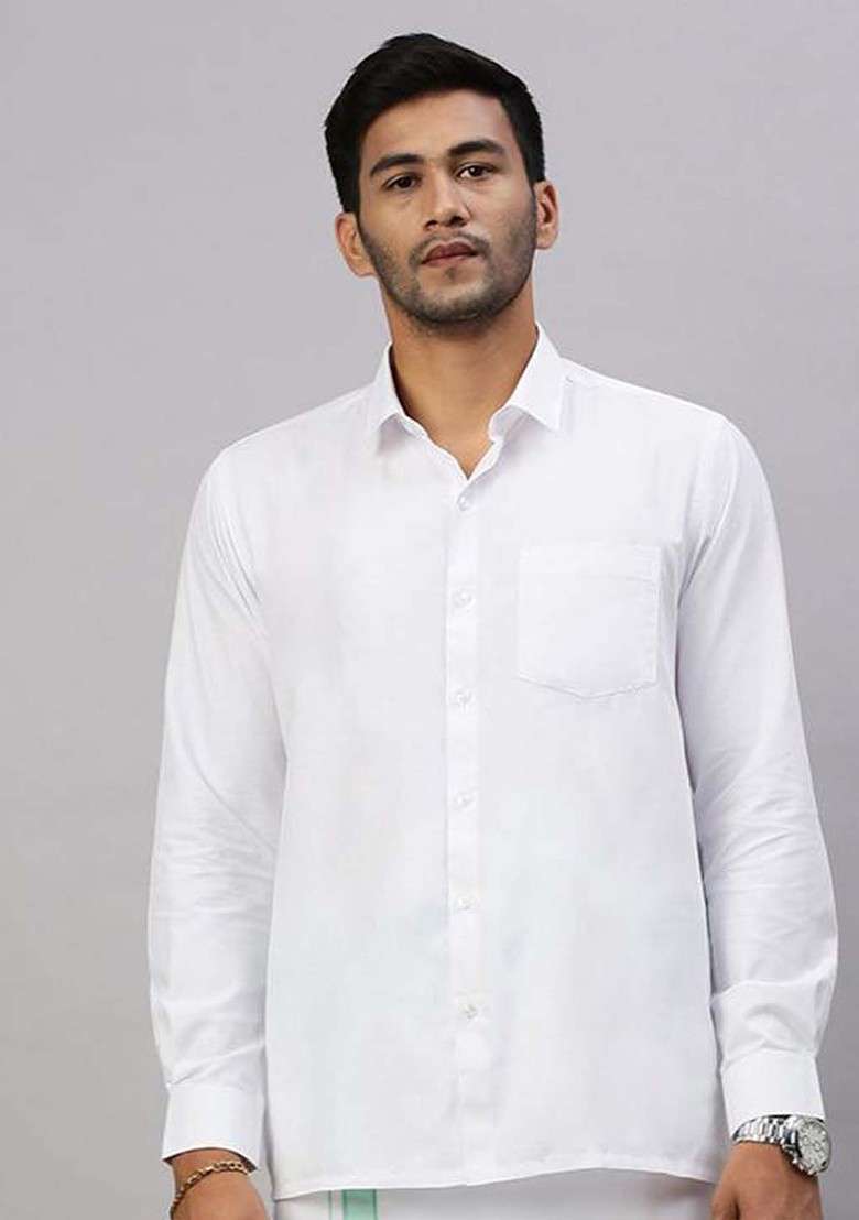 White Solid Formal Cotton Blend Shirt With Dhoti For Men - Indya
