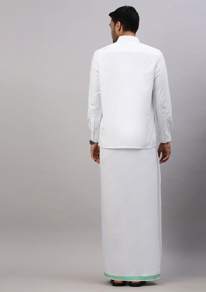 White Solid Formal Cotton Blend Shirt With Dhoti For Men - Indya