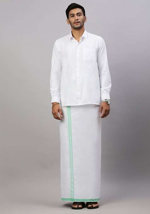 White Solid Formal Cotton Blend Shirt With Dhoti For Men