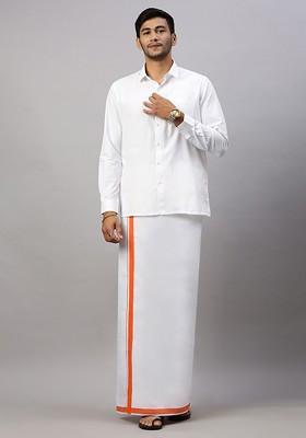 White Solid Formal Cotton Blend Shirt With Dhoti For Men