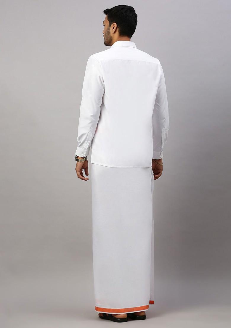 White Solid Formal Cotton Blend Shirt With Dhoti For Men - Indya