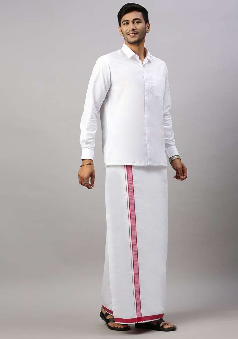 White Solid Formal Cotton Blend Shirt With Dhoti For Men - Indya