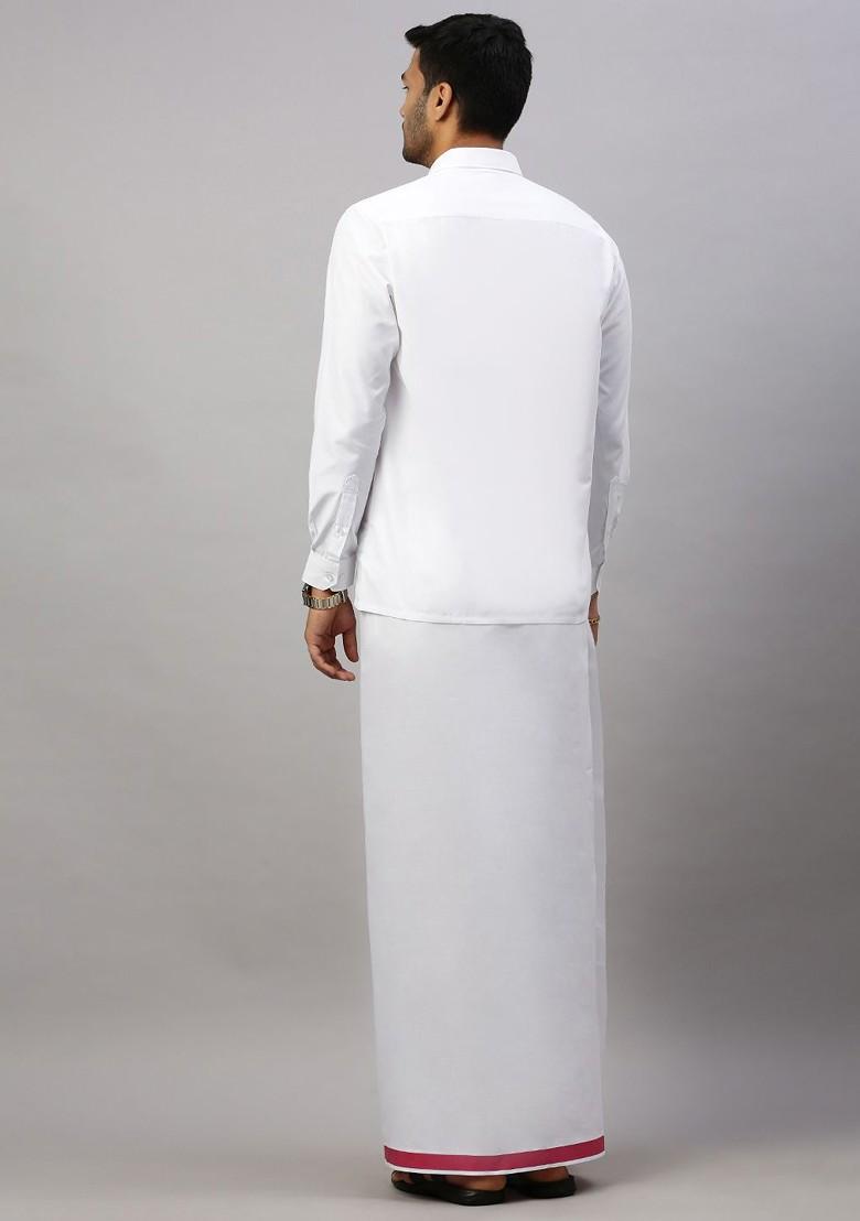 White Solid Formal Cotton Blend Shirt With Dhoti For Men - Indya