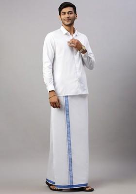 White Solid Formal Cotton Blend Shirt With Dhoti For Men