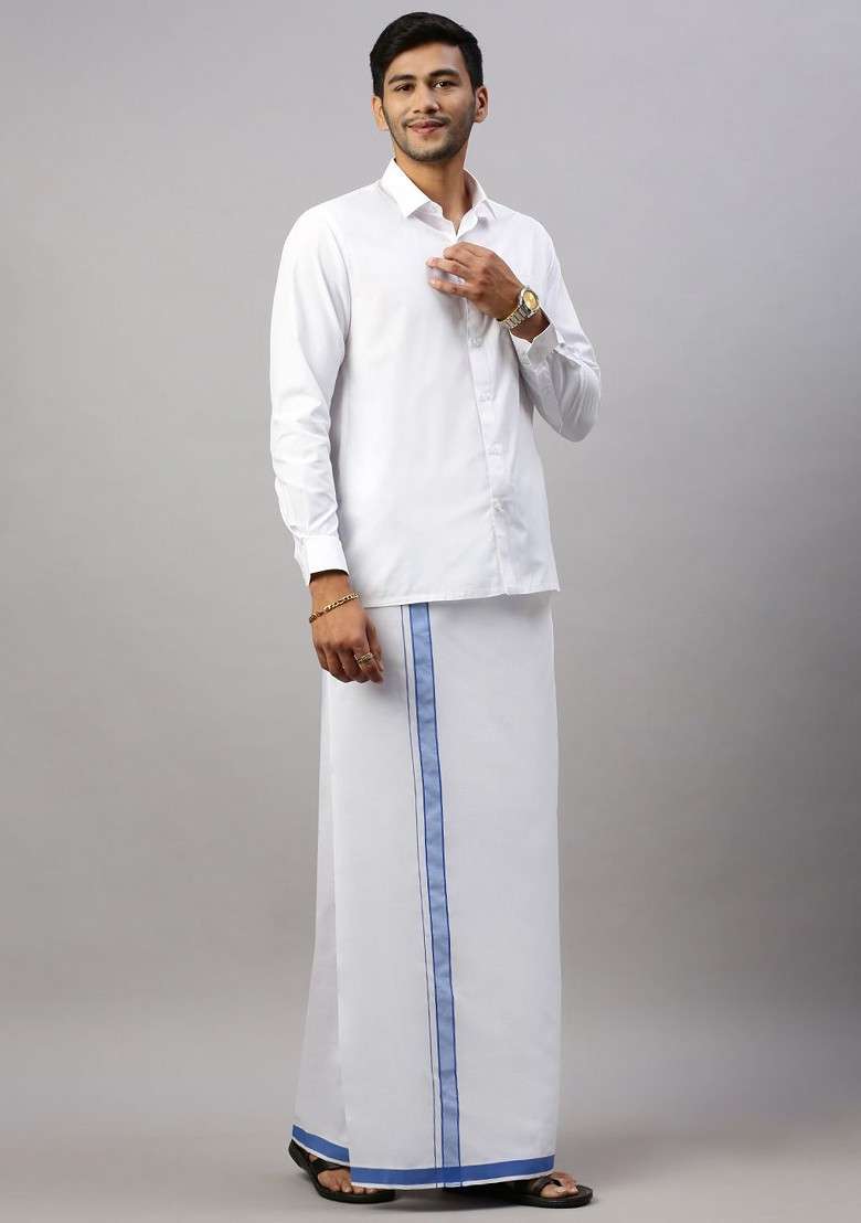 White Solid Formal Cotton Blend Shirt With Dhoti For Men - Indya