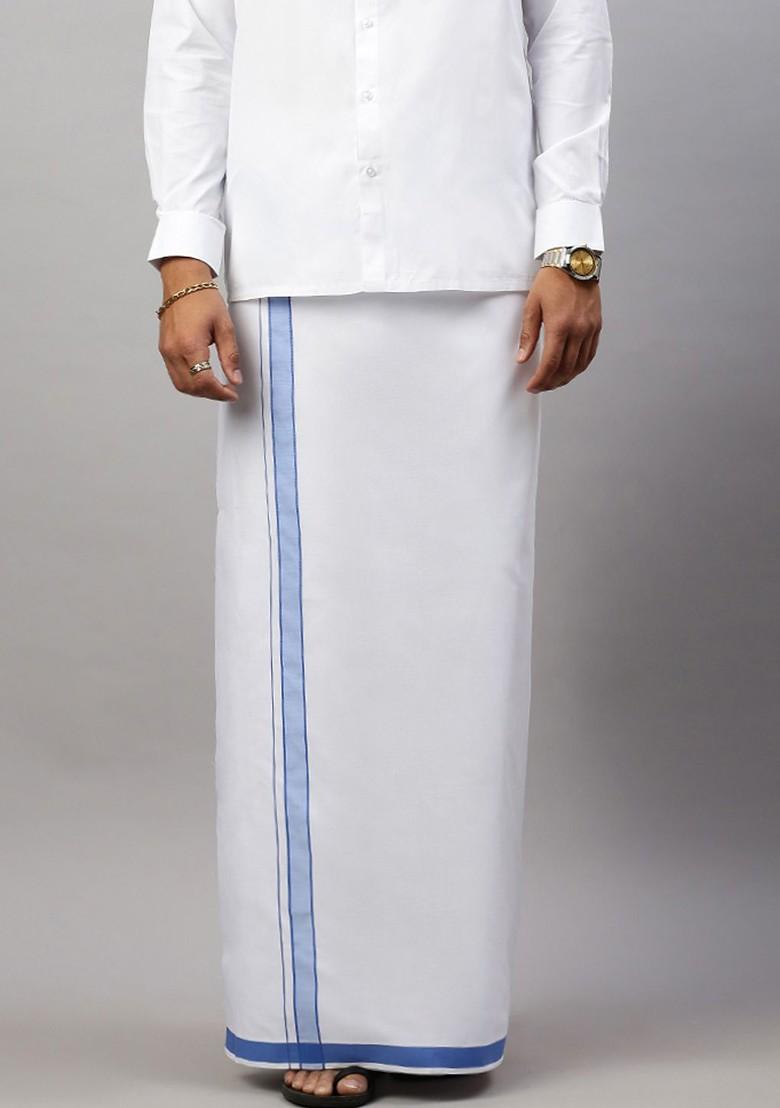 White Solid Formal Cotton Blend Shirt With Dhoti For Men - Indya