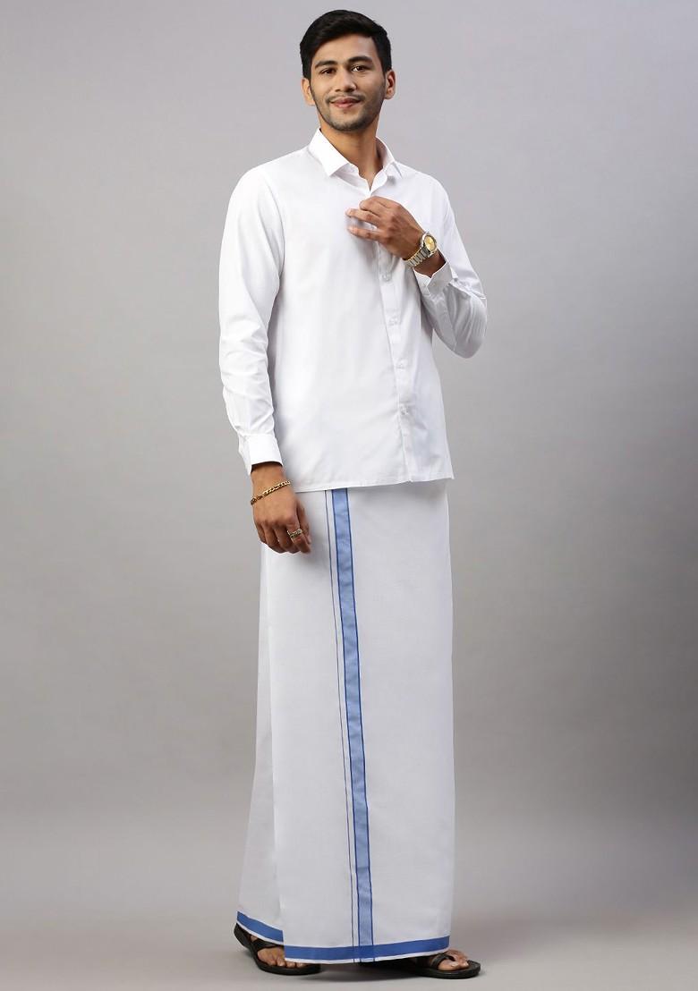 White Solid Formal Cotton Blend Shirt With Dhoti For Men - Indya