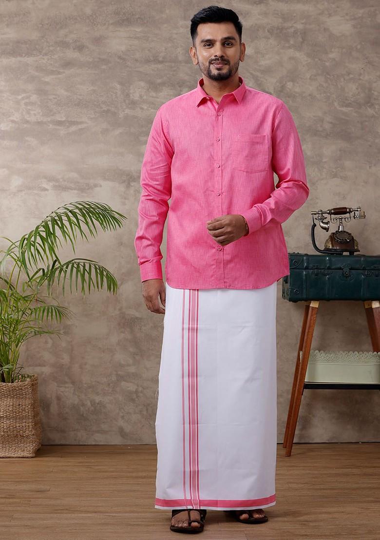 Pink Pure Cotton Shirt With Adjustable Dhoti For Men - Indya