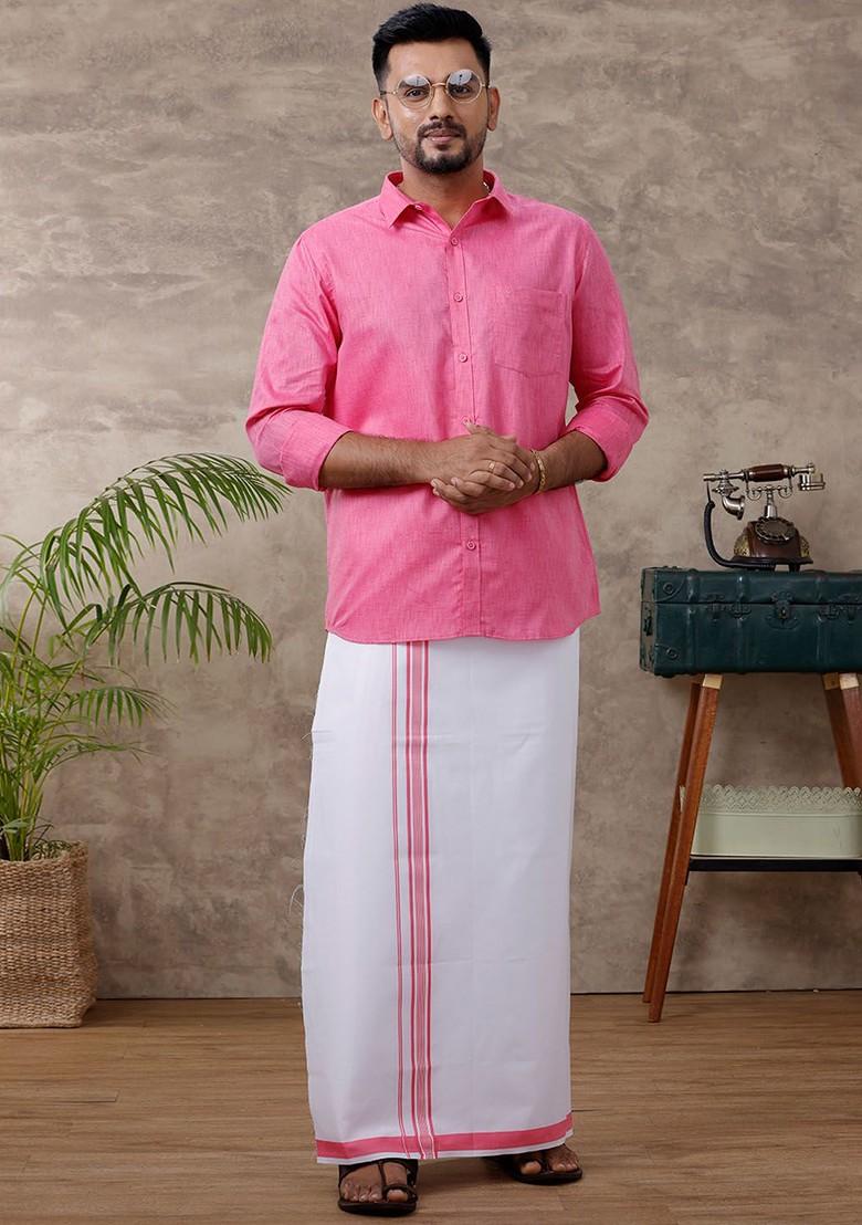 Pink Pure Cotton Shirt With Adjustable Dhoti For Men - Indya