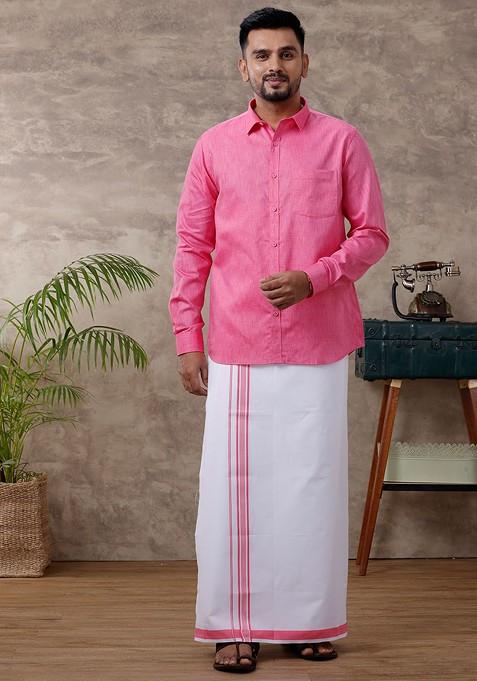 Pink Pure Cotton Shirt With Adjustable Dhoti For Men