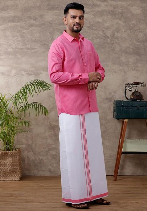 Pink Pure Cotton Shirt With Adjustable Dhoti For Men