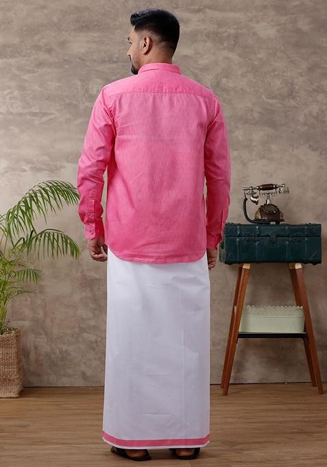 Pink Pure Cotton Shirt With Adjustable Dhoti For Men
