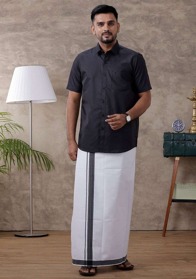 Black Half Sleeves Spread Collar Shirt With Dhoti For Men - Indya