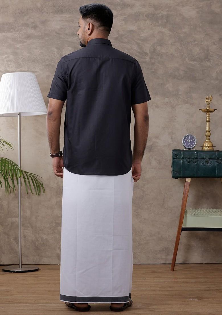 Black Half Sleeves Spread Collar Shirt With Dhoti For Men - Indya