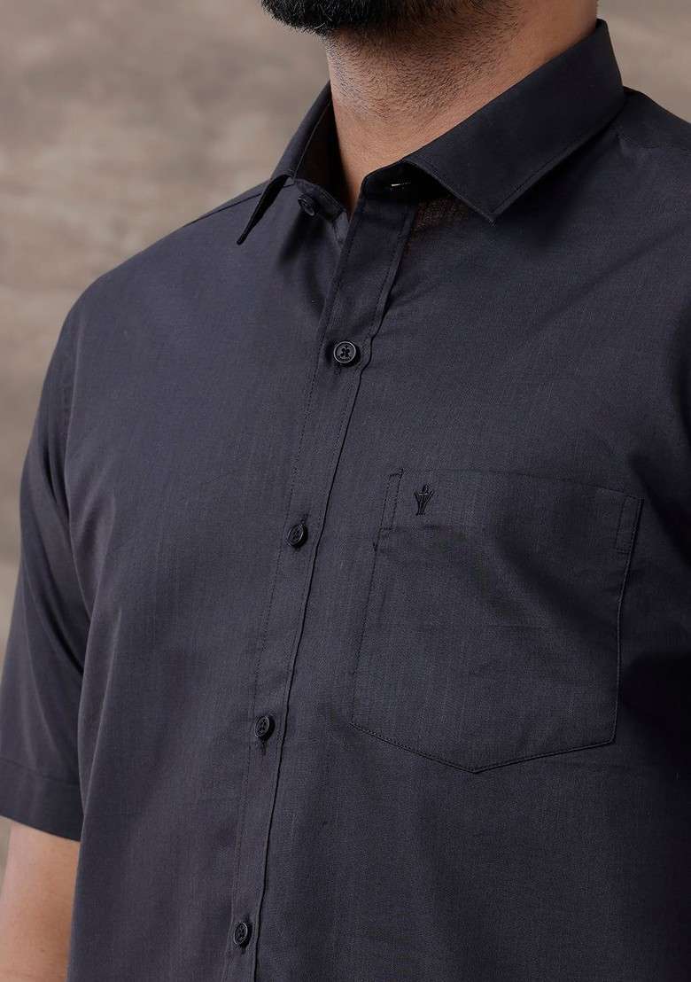 Black Half Sleeves Spread Collar Shirt With Dhoti For Men - Indya
