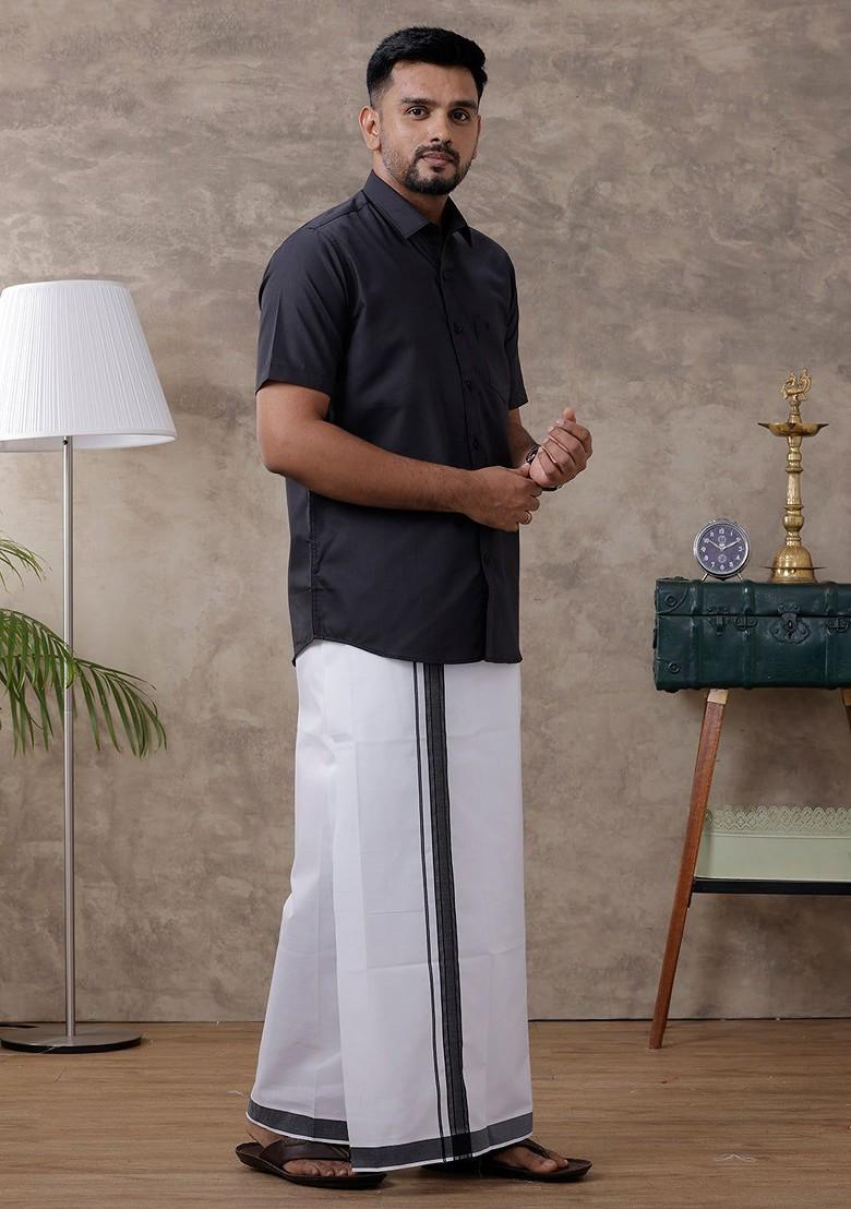 Black Half Sleeves Spread Collar Shirt With Dhoti For Men - Indya