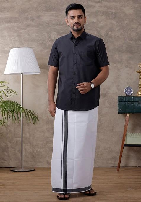 Black Half Sleeves Spread Collar Shirt With Dhoti For Men — view on Indya