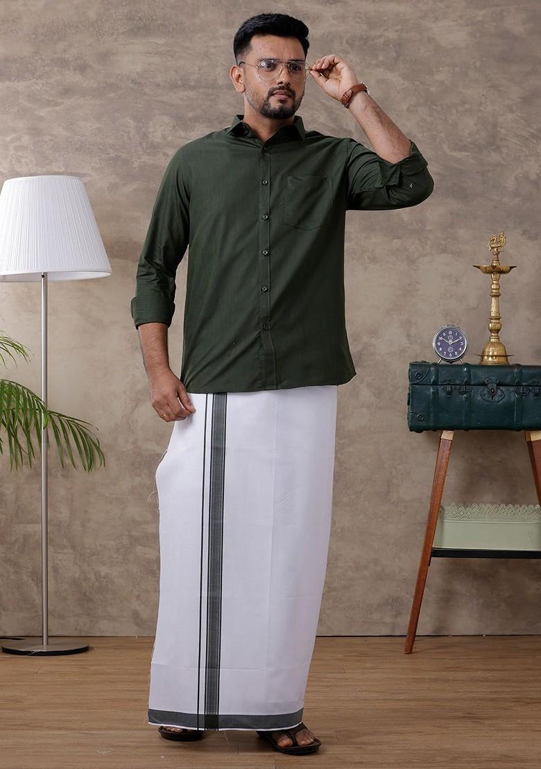 Green Full Sleeve Shirt Regular Collar Shirt With Matching Fancy Border Dhoti For Men