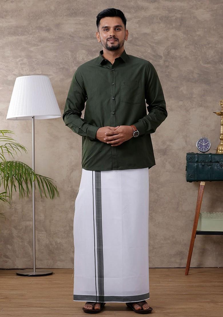 Green Full Sleeve Shirt Regular Collar Shirt With Matching Fancy Border Dhoti For Men