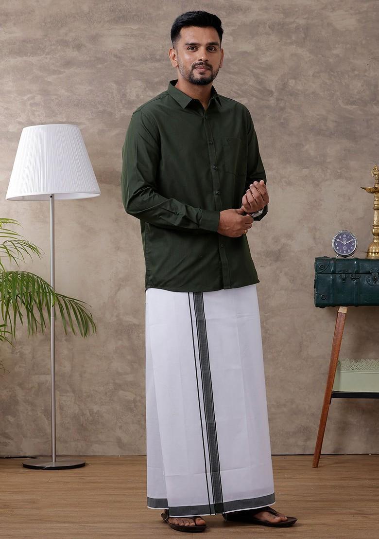 Green Full Sleeve Shirt Regular Collar Shirt With Matching Fancy Border Dhoti For Men