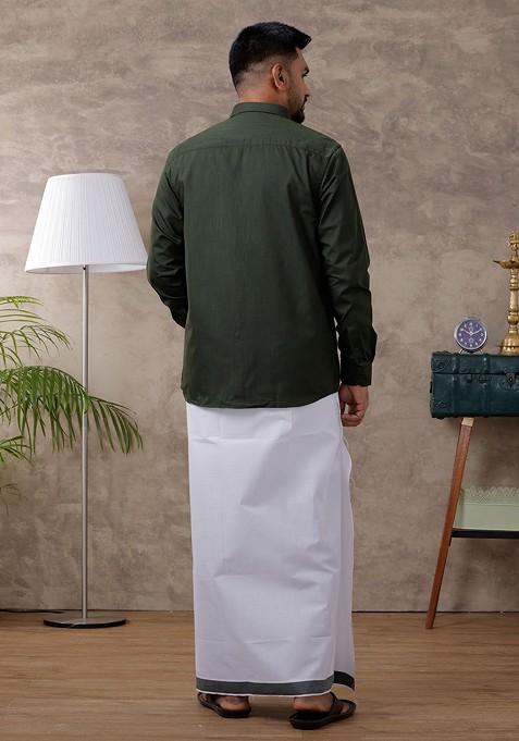 Green Full Sleeve Shirt Regular Collar Shirt With Matching Fancy Border Dhoti For Men