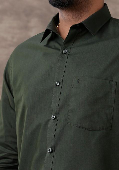 Green Full Sleeve Shirt Regular Collar Shirt With Matching Fancy Border Dhoti For Men