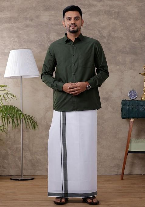 Green Full Sleeve Shirt Regular Collar Shirt With Matching Fancy Border Dhoti For Men