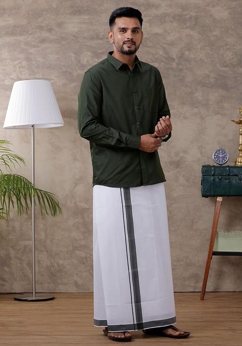 Green Full Sleeve Shirt Regular Collar Shirt With Matching Fancy Border Dhoti For Men