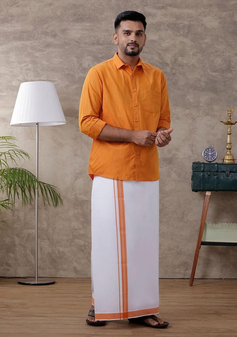 Orange Full Sleeve Shirt Regular Collar Shirt With Matching Fancy Border Dhoti For Men