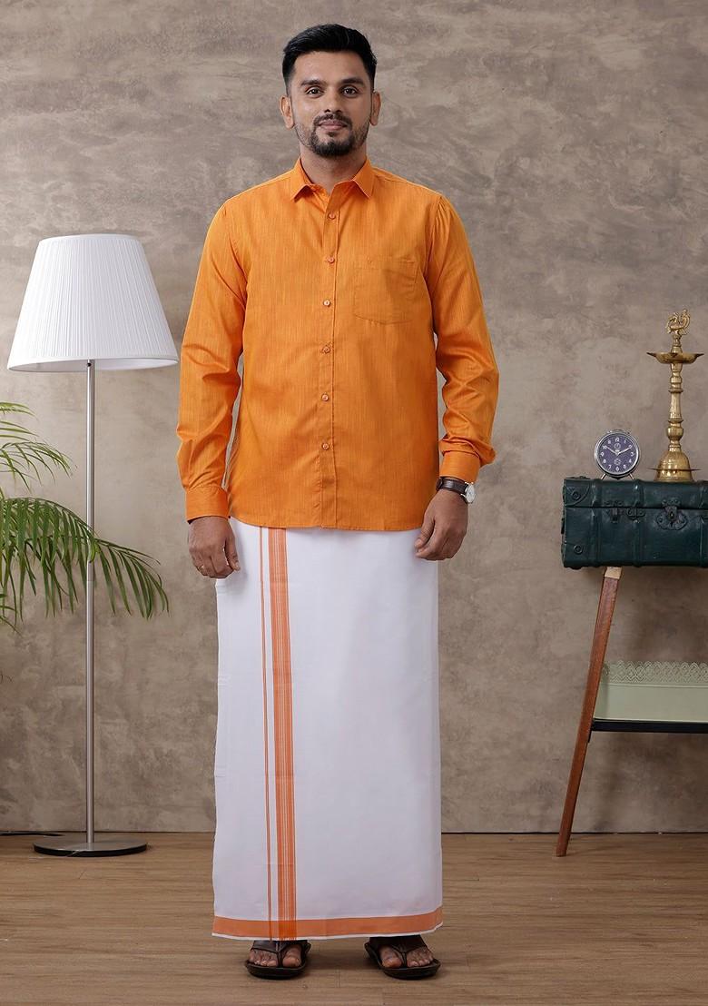 Orange Full Sleeve Shirt Regular Collar Shirt With Matching Fancy Border Dhoti For Men