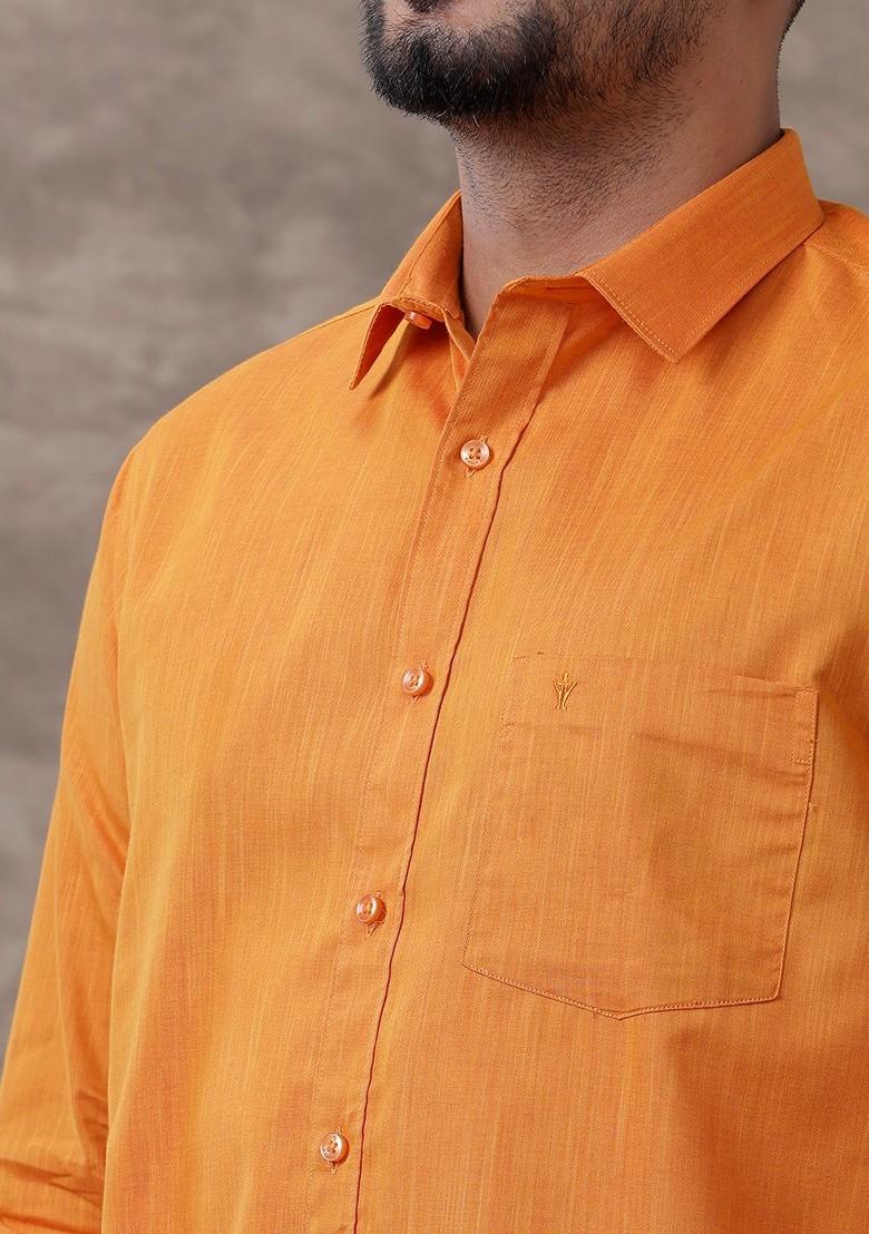 Orange Full Sleeve Shirt Regular Collar Shirt With Matching Fancy Border Dhoti For Men