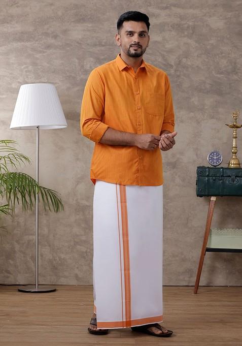 Orange Full Sleeve Shirt Regular Collar Shirt With Matching Fancy Border Dhoti For Men