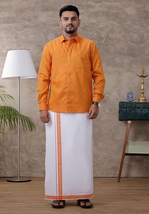 Orange Full Sleeve Shirt Regular Collar Shirt With Matching Fancy Border Dhoti For Men