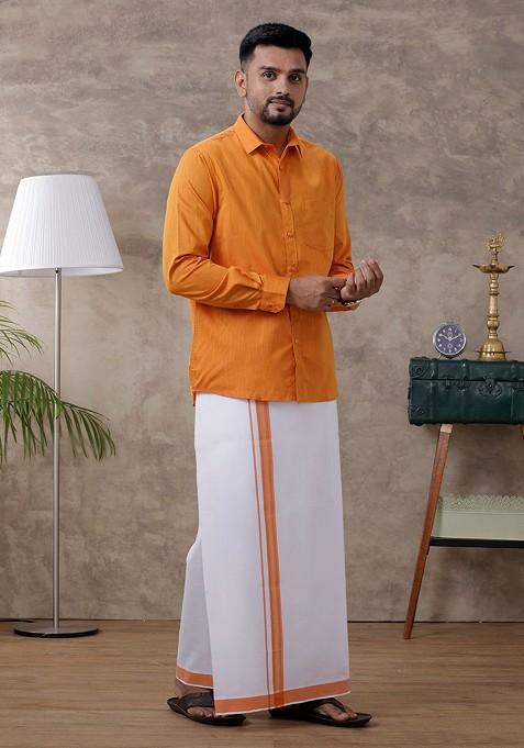 Orange Full Sleeve Shirt Regular Collar Shirt With Matching Fancy Border Dhoti For Men