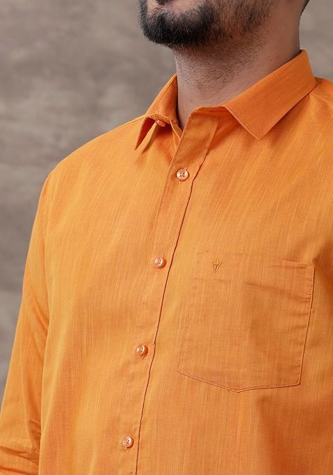 Orange Full Sleeve Shirt Regular Collar Shirt With Matching Fancy Border Dhoti For Men