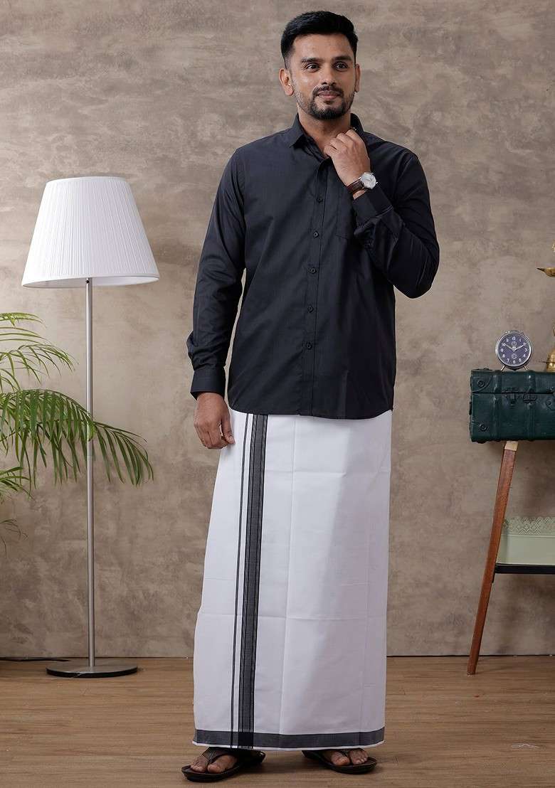 Black Regular Collar Shirt With Dhoti For Men - Indya