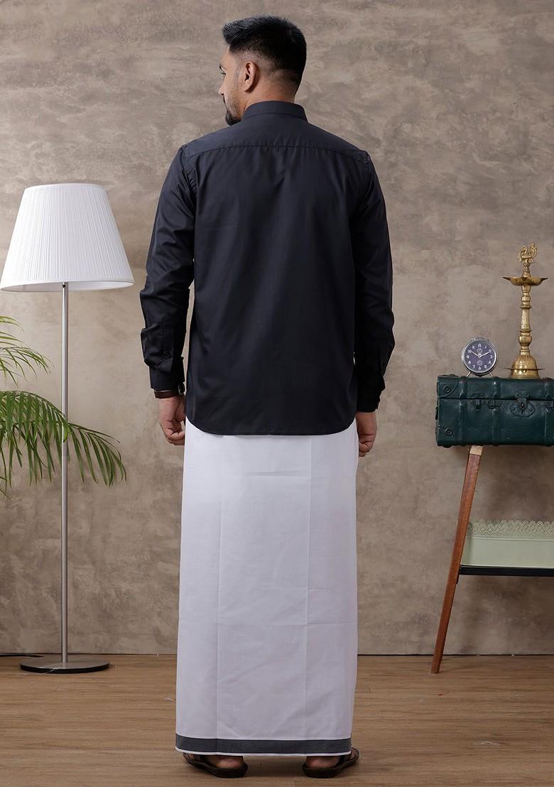 Black Regular Collar Shirt With Dhoti For Men - Indya