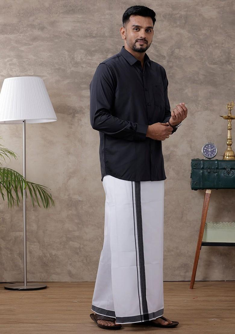 Black Regular Collar Shirt With Dhoti For Men - Indya