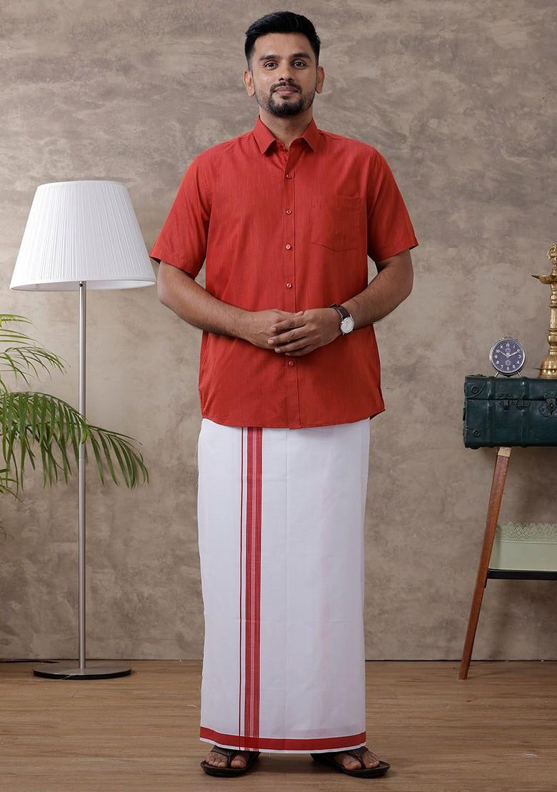 Red Half Sleeve Shirt Regular Collar Shirt With Matching Fancy Border Dhoti For Men