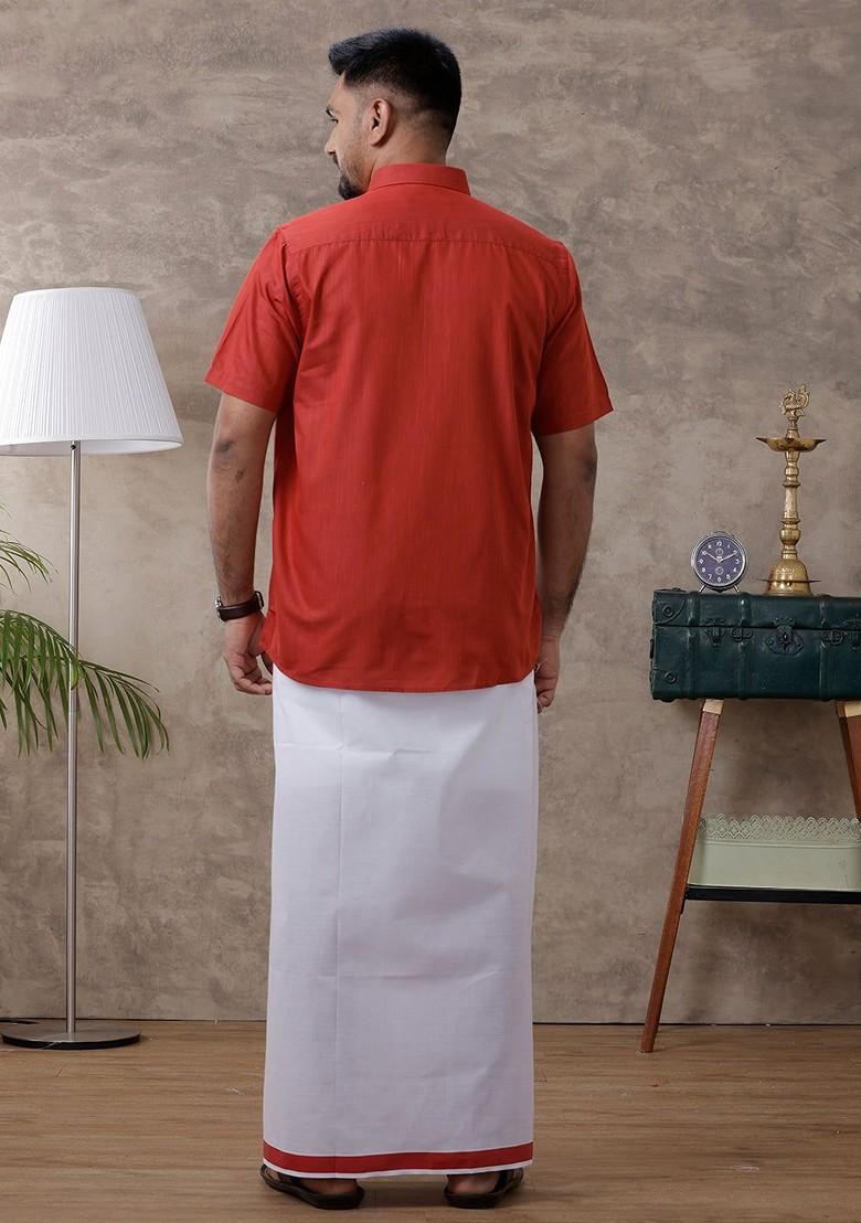 Red Half Sleeve Shirt Regular Collar Shirt With Matching Fancy Border Dhoti For Men