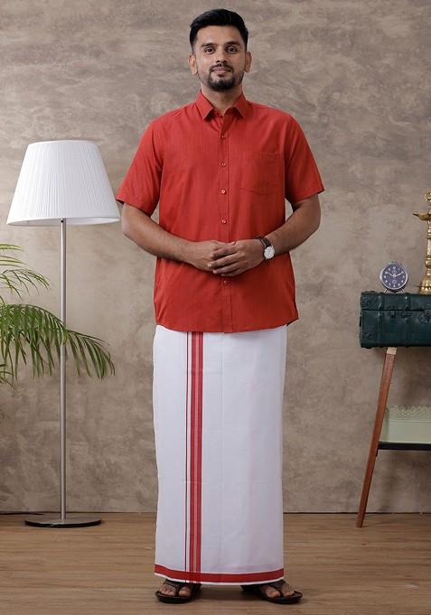 Red Half Sleeve Shirt Regular Collar Shirt With Matching Fancy Border Dhoti For Men
