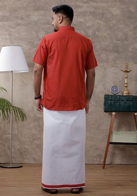 Red Half Sleeve Shirt Regular Collar Shirt With Matching Fancy Border Dhoti For Men
