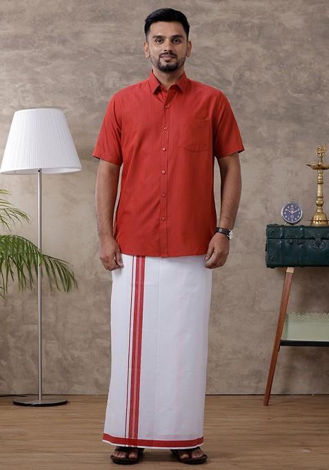 Red Half Sleeve Shirt Regular Collar Shirt With Matching Fancy Border Dhoti For Men