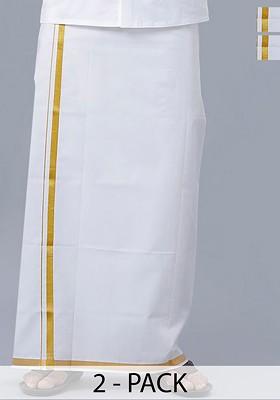 White Pack Of 2 Cotton Solid Dhotis For Men